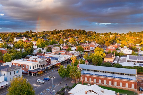 Aerial view of Castlemaine streets and Market Building