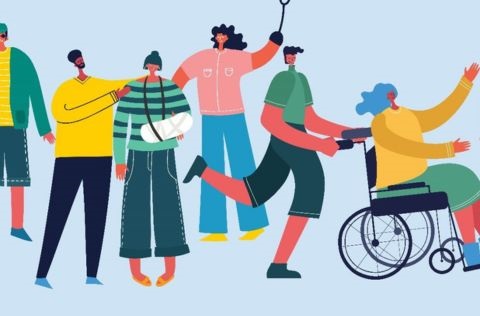 Illustration of people of all abilities on blue background